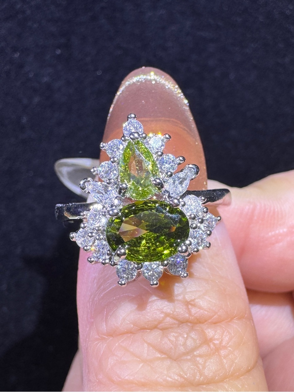 Green CZ Floral Cluster Statement Ring Adjustable Size 5-10